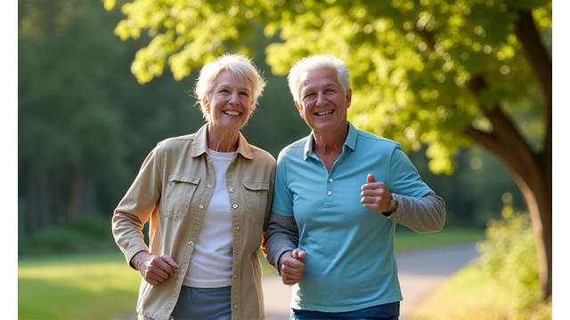 An active senior couple jogging in a park, demonstrating joyful, age-appropriate fitness.