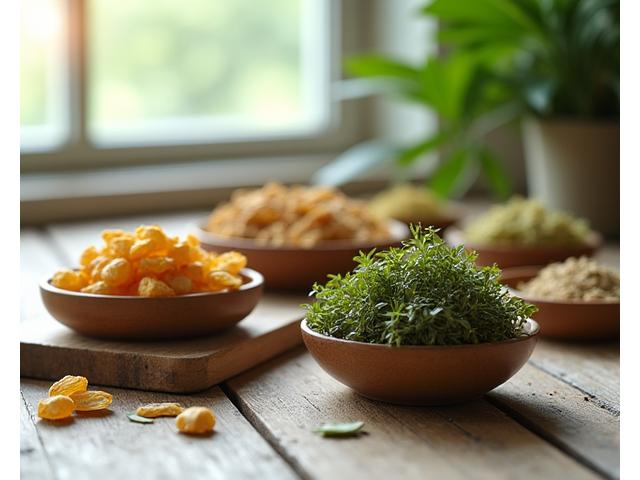 A variety of dried adaptogenic herbs like Ashwagandha root, Rhodiola rosea, and Holy Basil leaves displayed aesthetically in small, natural bowls on a rustic wooden surface.