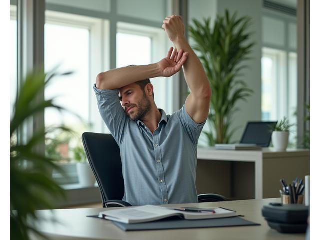 Man in an office setting performing a subtle stretch at his desk, looking relaxed and focused.