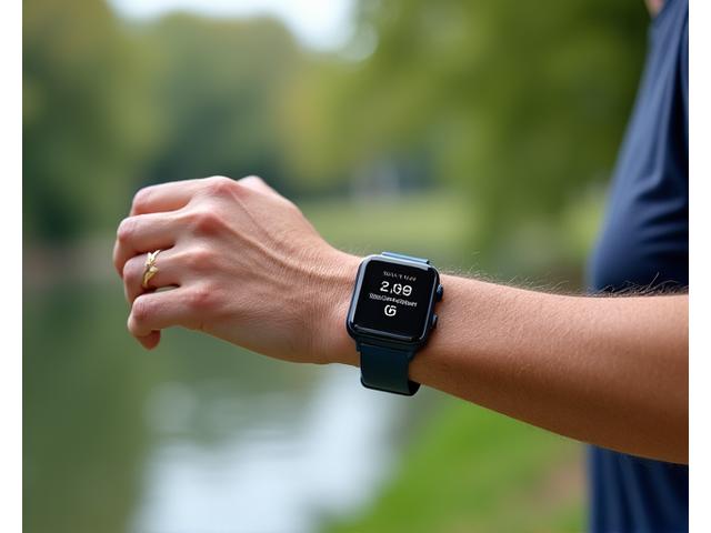 A fitness tracker showing activity levels on a person walking outdoors.
